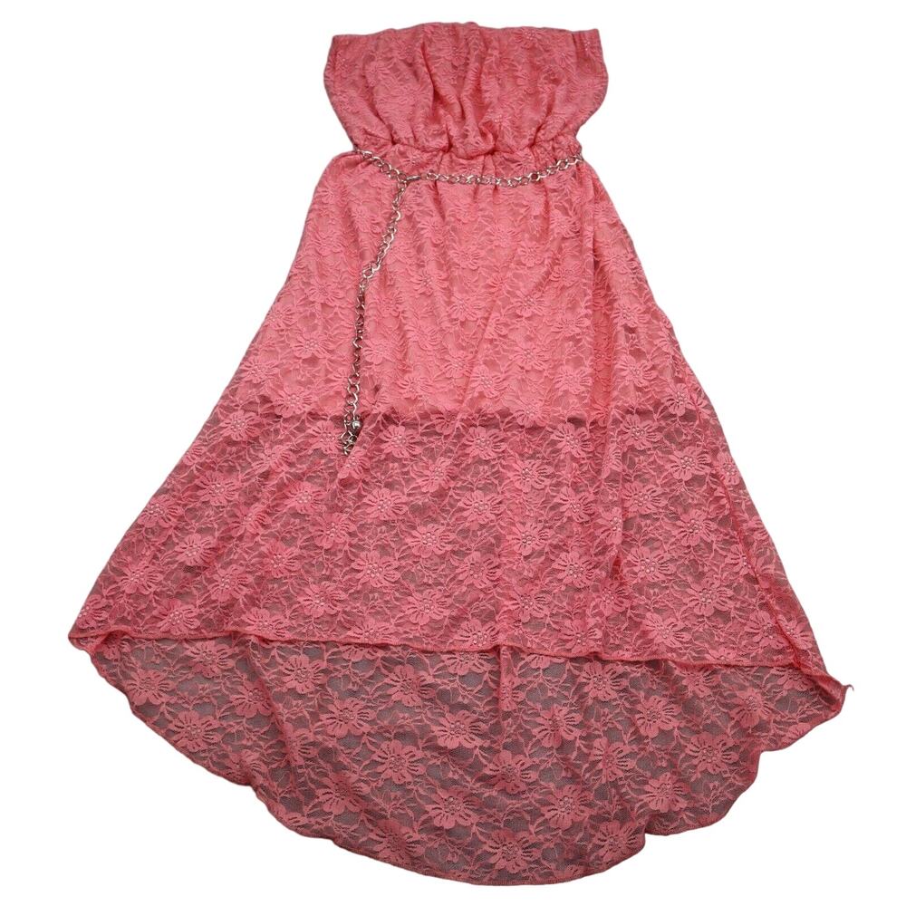 Diva Apparel Dress Womens M Pink Floral Mesh Strapless Belted High Low Outwear